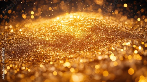 Illustrate a digital image capturing the brilliance of pure wealth, showing a heap of luminous gold dust from above