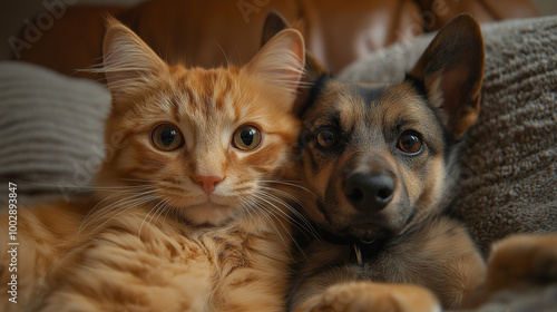 Cute cat and dog take a selfie with each other