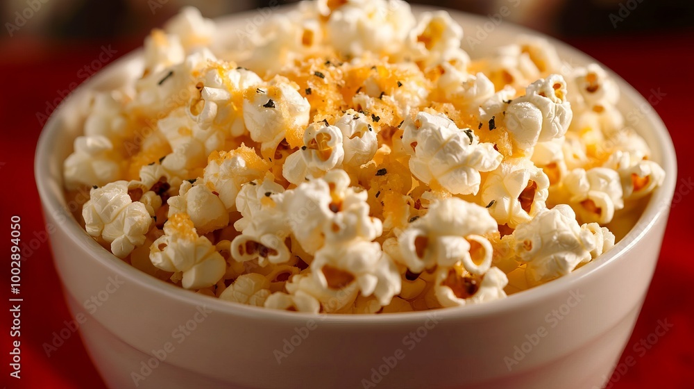 A white bowl filled with delicious popcorn, sprinkled with melted cheese, sits on a red background. It's perfect for a movie night snack! A white bowl filled with delicious popcorn, sprinkled with melted cheese, sits on a red background. It's perfect for a movie night snack!