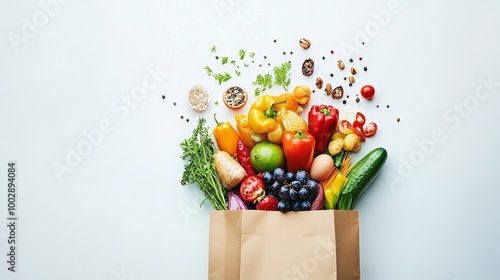 A white surface shows a full paper bag filled with various healthy foods. The photo is taken from directly above.