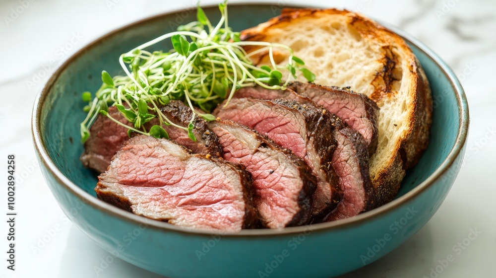 Teal ceramic bowl filled with tender slices of roast beef and toasted ciabatta bread, topped with sprouts. Teal ceramic bowl filled with tender slices of roast beef and toasted ciabatta bread, topped with sprouts.