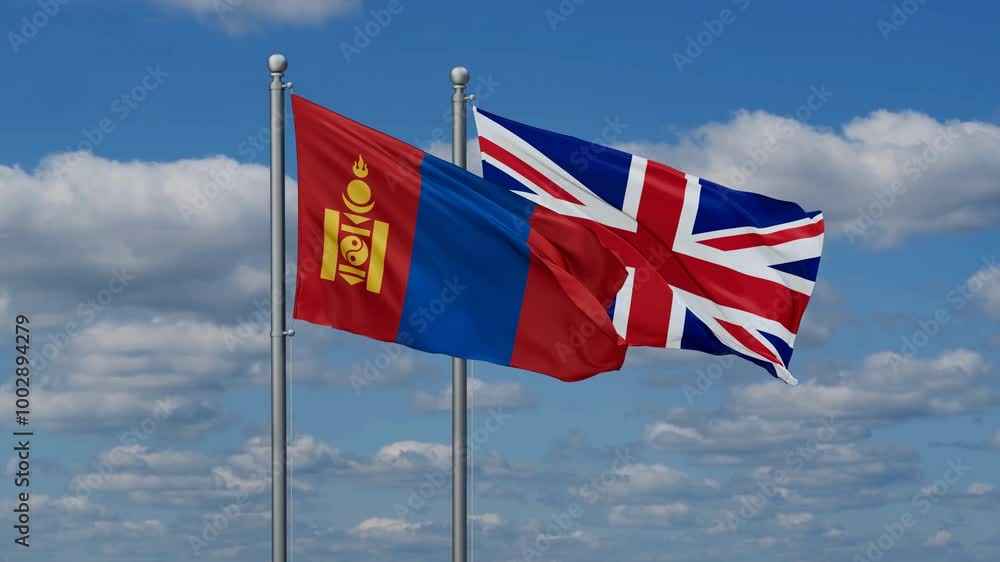 United Kingdom and Mongolia flags flying together, video concept of the relationship, two country cooperation concept United Kingdom and Mongolia flags flying together, video concept of the relationship, two country cooperation concept