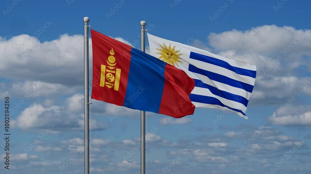 Uruguay and Mongolia flags flying together, video concept of the relationship, two country relations concept Uruguay and Mongolia flags flying together, video concept of the relationship, two country relations concept