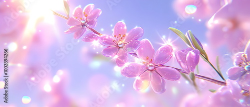 Delicate Pink Blossoms: A dreamy, ethereal close-up of pink cherry blossoms bathed in soft sunlight. Each petal shimmers with a gentle pearlescence.