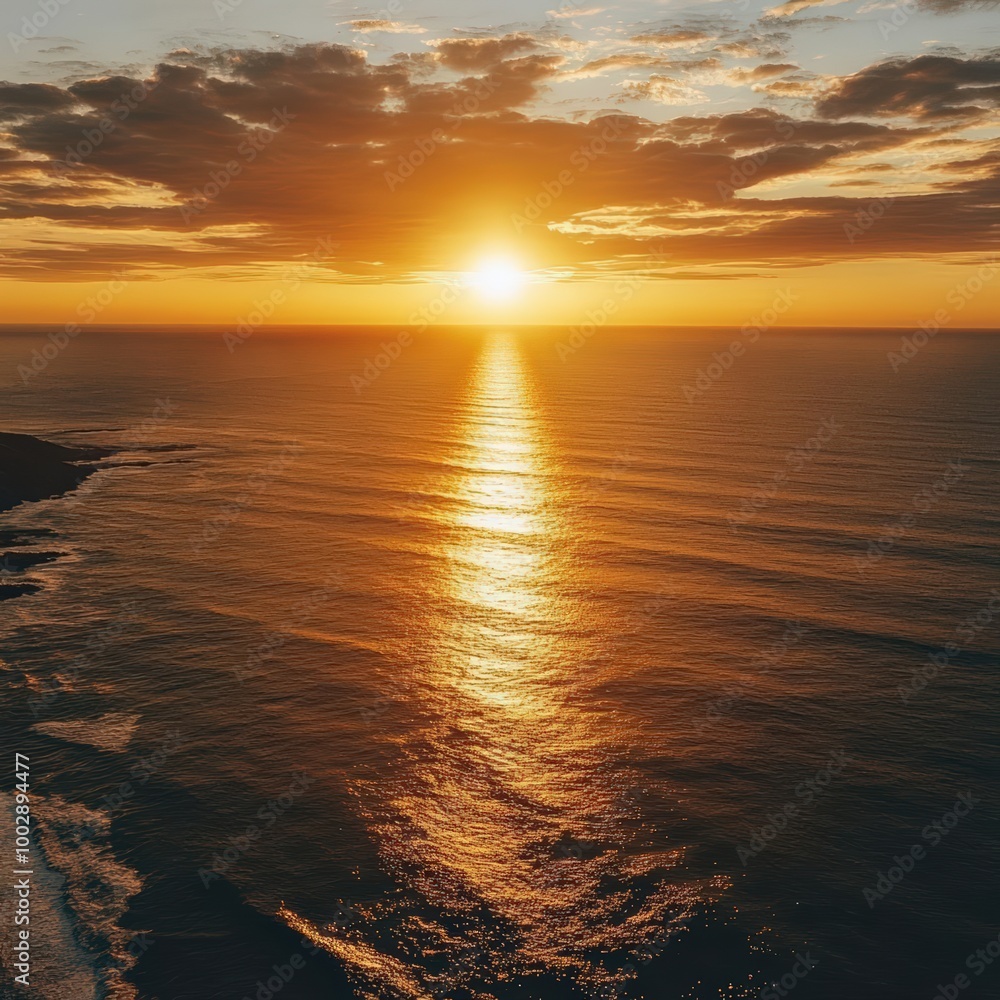 Obraz premium Illustrate a picturesque golden sunset spreading its beauty over a vast ocean from a birds eye view