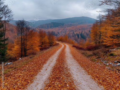 Bright landscape of a road across auttumn forest with fallen orange and yellow leafs photo