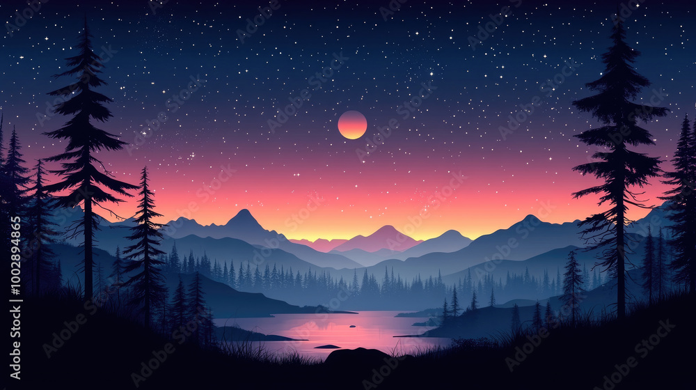 A serene twilight scene with a crescent moon illuminating distant mountains and a calm lake, surrounded by tall trees under a starry sky A serene twilight scene with a crescent moon illuminating distant mountains and a calm lake, surrounded by tall trees under a starry sky