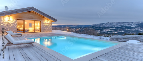 Luxury Chalet Winter Pool Escape:  A stunning modern chalet boasts a heated infinity pool overlooking a breathtaking snowy mountain vista. Experience ultimate luxury and tranquility.  photo