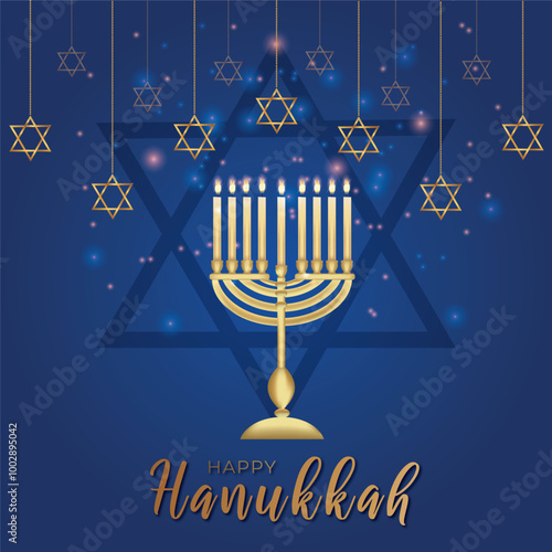 Happy Hanukkah with Golden Inscription and Star of David Candle Holder with Burning Candles Hanukkah Celebration Candelabra Traditional Israel Decoration Vector Illustration