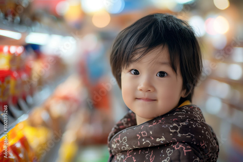 Happy Child Shopping in a Supermarket Aisle Surrounded by Colorful Products