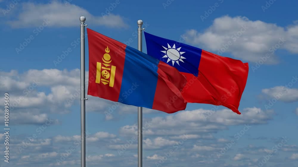 Taiwan and Mongolia flags flying together, video concept of the relationship, two country cooperation concept Taiwan and Mongolia flags flying together, video concept of the relationship, two country cooperation concept