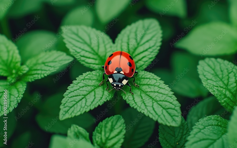 A vibrant ladybug resting on fresh green leaves, showcasing nature's beauty and intricate details of its natural habitat. A vibrant ladybug resting on fresh green leaves, showcasing nature's beauty and intricate details of its natural habitat.