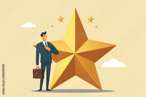 Receiving a star award, a businessman stands smiling happily
