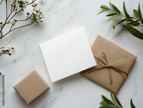 A minimalist styled gift package with a plain card, natural twine, and greenery on a marble surface.