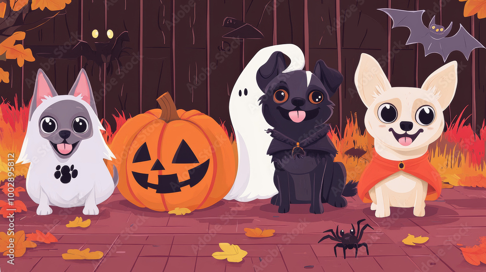 Obraz premium Happy Halloween! This cute collection features dogs dressed up in fun Halloween costumes like ghosts, bats, pumpkins, and spiders. Perfect for decorations, prints, and covers!