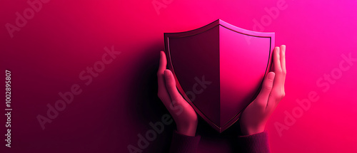 Hands holding a shield against a vibrant pink background. photo