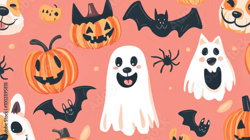 Happy Halloween! This cute collection features dogs dressed up in fun Halloween costumes like ghosts, bats, pumpkins, and spiders.  Perfect for decorations, prints, and covers!