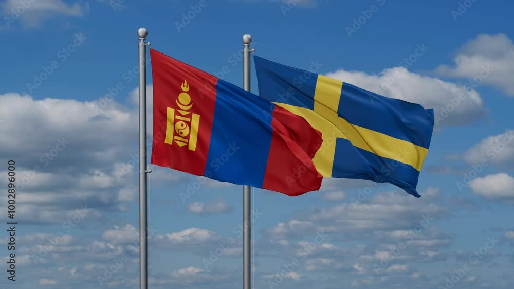 Sweden and Mongolia flags flying together, video concept of the relationship, two country cooperation concept Sweden and Mongolia flags flying together, video concept of the relationship, two country cooperation concept
