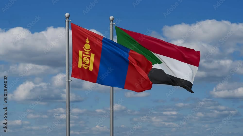 Sudan and Mongolia flags flying together, video concept of the relationship, two country cooperation concept Sudan and Mongolia flags flying together, video concept of the relationship, two country cooperation concept