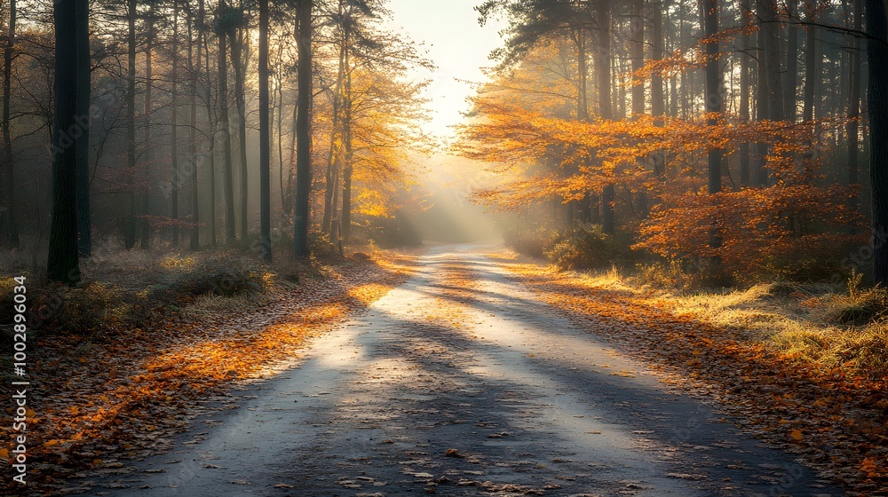 Fototapeta premium Bright landscape of a road across auttumn forest with fallen orange and yellow leafs