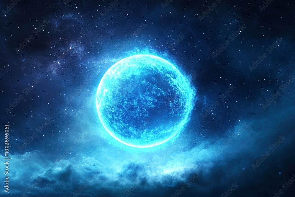 A blue glowing moon floating in space, with a blue nebula background A blue glowing moon floating in space, with a blue nebula background