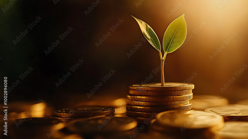 A sprout growing from coins, symbolizing investment and growth. A sprout growing from coins, symbolizing investment and growth.