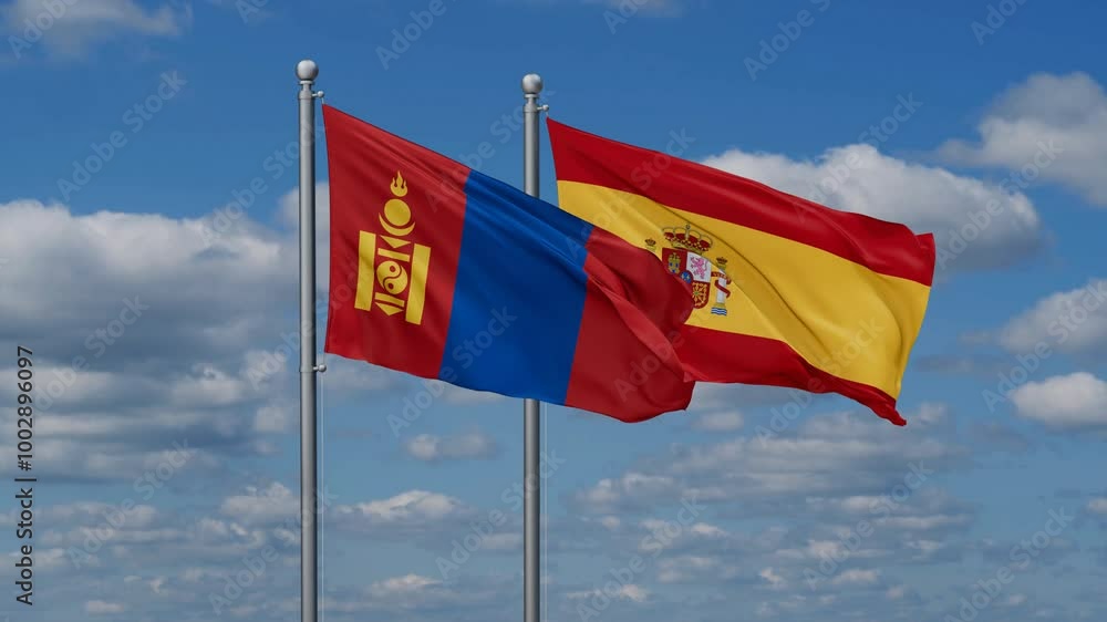 Spain and Mongolia flags flying together, video concept of the relationship, two country cooperation concept Spain and Mongolia flags flying together, video concept of the relationship, two country cooperation concept