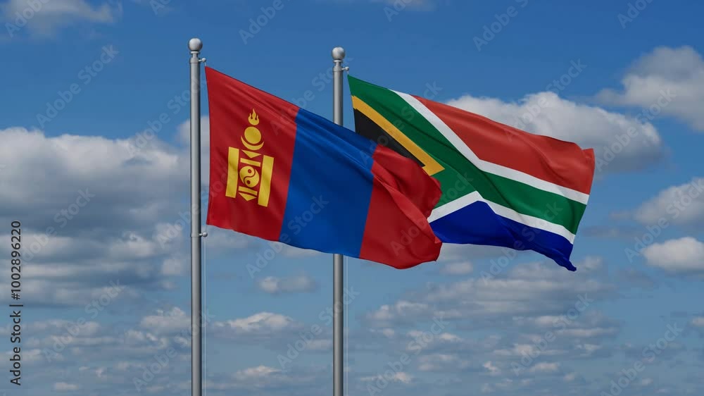 Republic of South Africa and Mongolia flags flying together, video concept of the relationship, two country cooperation concept Republic of South Africa and Mongolia flags flying together, video concept of the relationship, two country cooperation concept