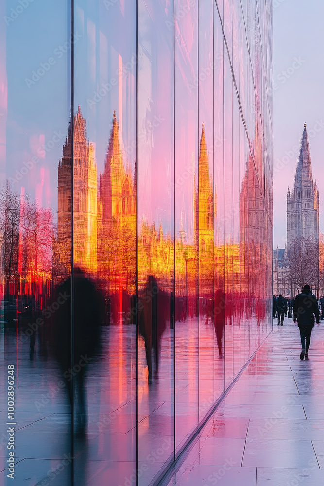 Obraz premium The stunning sunset casts vibrant colors on modern glass reflecting the iconic towers of London and pedestrians strolling nearby