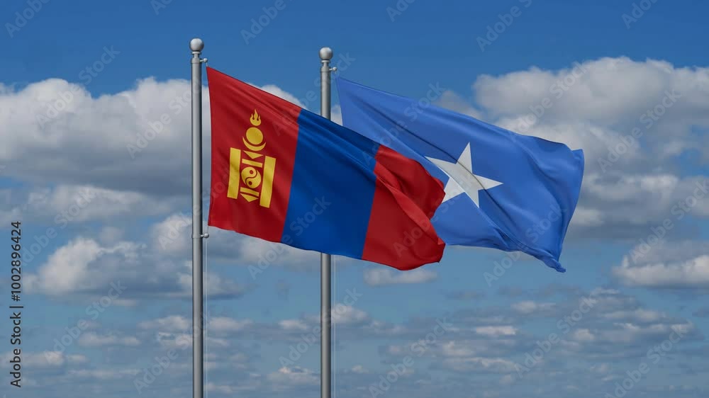 Somalia and Mongolia flags flying together, video concept of the relationship, two country cooperation concept Somalia and Mongolia flags flying together, video concept of the relationship, two country cooperation concept