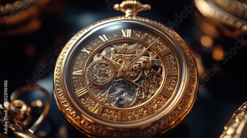 Produce a photorealistic image of a golden pocket watch, emphasizing intricate details from a worms-eye view for a timeless and elegant vibe