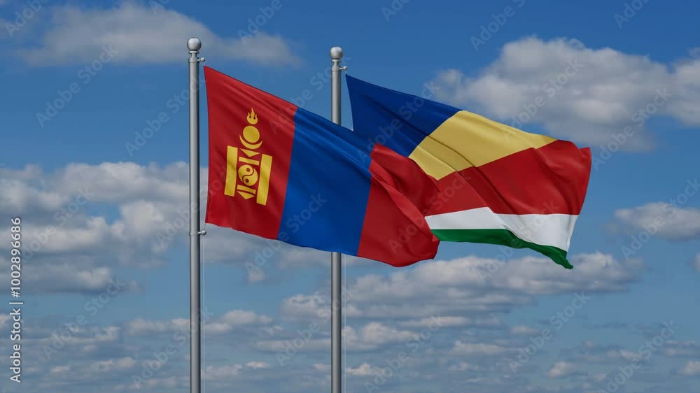 Seychelles and Mongolia flags flying together, video concept of the relationship, two country relations concept Seychelles and Mongolia flags flying together, video concept of the relationship, two country relations concept