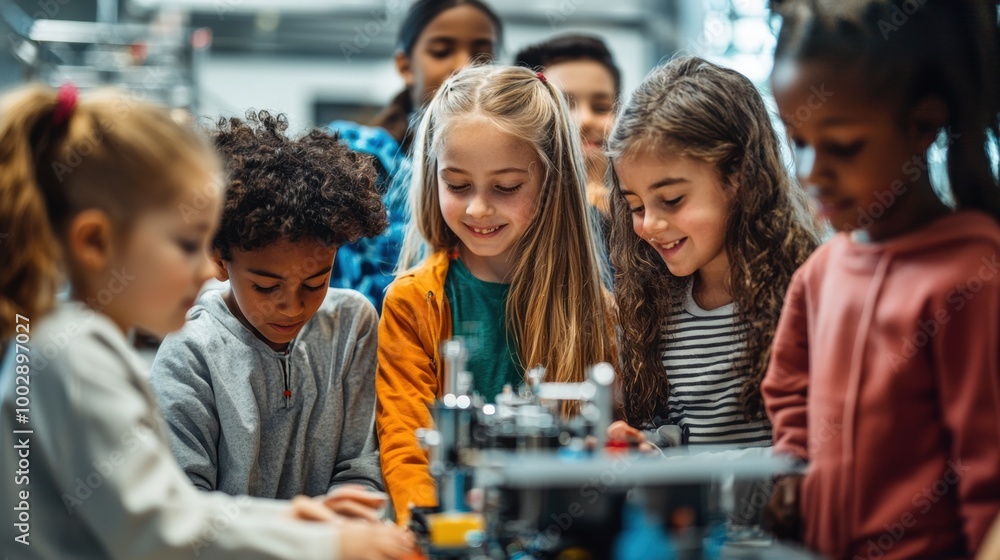 Obraz premium Group of Diverse Students Engaged in Stem Classroom Experiment