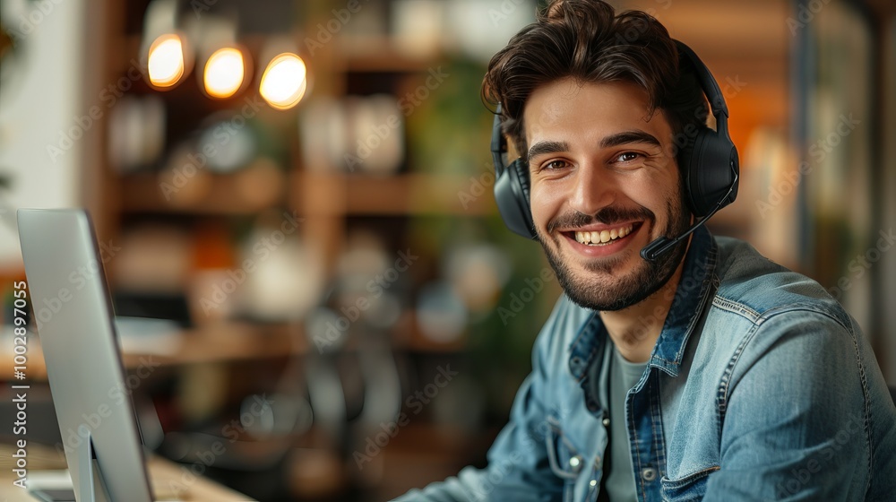 cheerful young man in a headset working on a laptop in a modern office with bright lighting and a cozy atmosphere. cheerful young man in a headset working on a laptop in a modern office with bright lighting and a cozy atmosphere.
