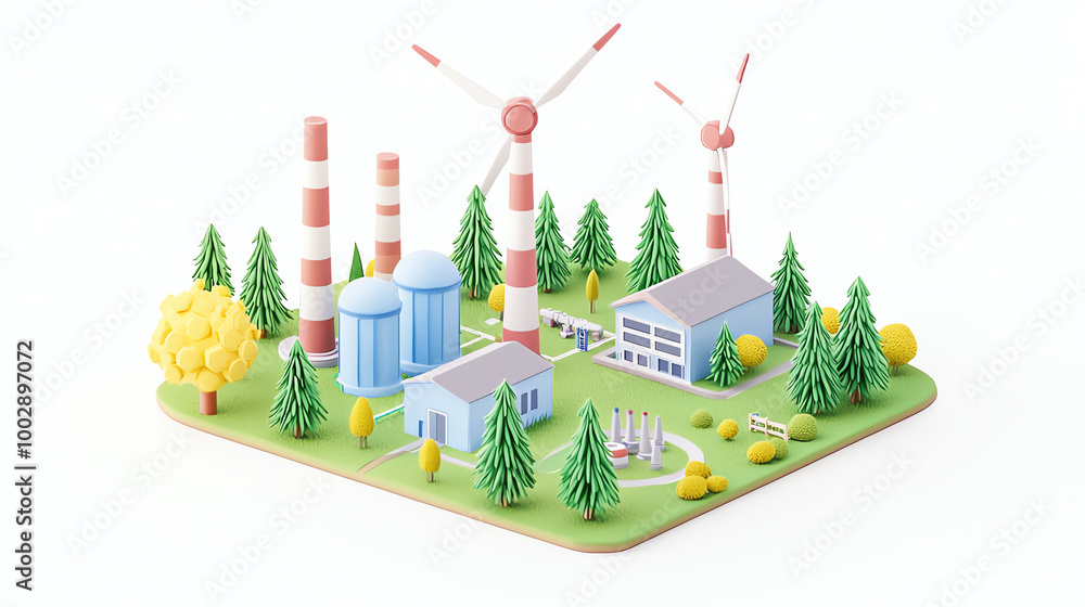 Fototapeta premium Miniature isometric wind farm power plant, turbines spinning on a clean white background, Power plant isometric 3d model white background miniature, clean energy future