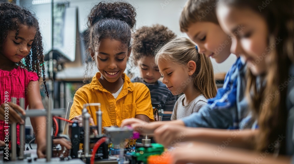 Diverse group of children engaged in STEM learning activities using digital tablets in classroom Diverse group of children engaged in STEM learning activities using digital tablets in classroom