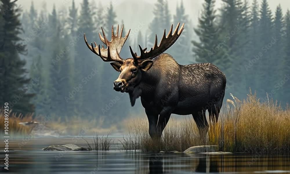 Moose in a Foggy Forest