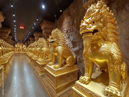 Show a panoramic view of golden statues of mythical creatures in an ancient temple, highlighting their majestic and luxurious presence photo