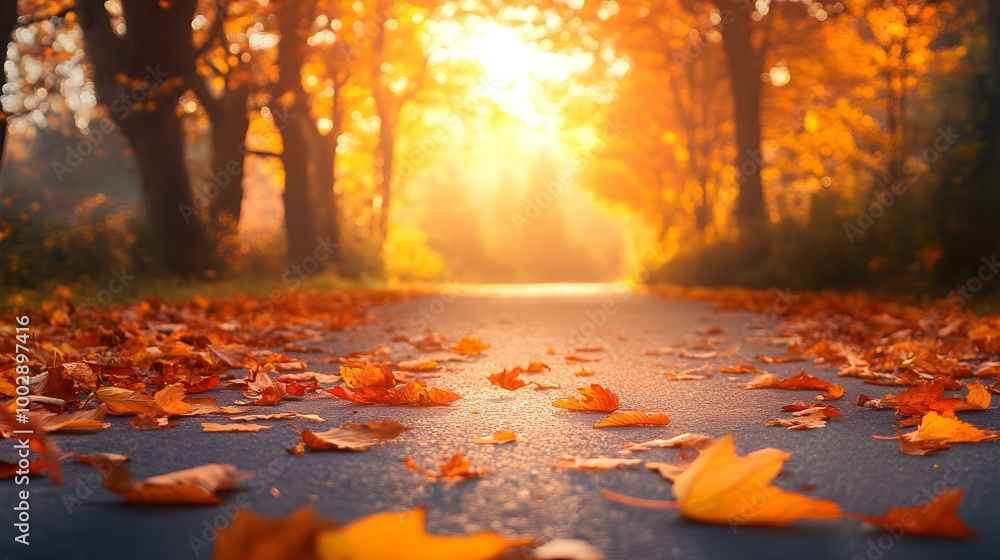 Bright landscape of a road across auttumn forest with fallen orange and yellow leafs Bright landscape of a road across auttumn forest with fallen orange and yellow leafs