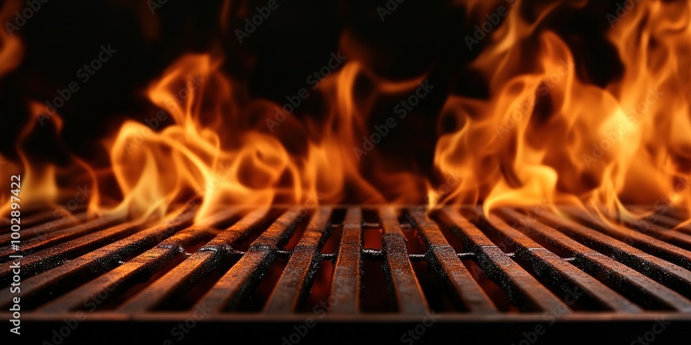 Hot empty portable barbecue BBQ grill with flaming fire and ember charcoal on black background Hot empty portable barbecue BBQ grill with flaming fire and ember charcoal on black background