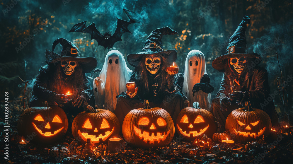 Fototapeta premium Spooky Halloween characters and objects like witches, ghosts, bats, pumpkins, and more!