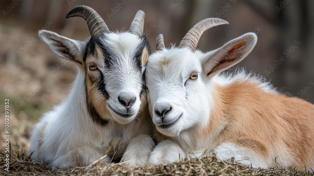 Two goats resting closely together, showcasing their playful and affectionate nature. Two goats resting closely together, showcasing their playful and affectionate nature.
