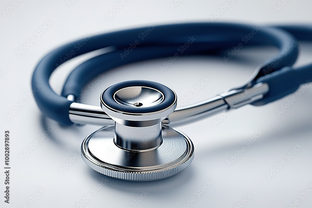 A medical stethoscope is shown in a close up A medical stethoscope is shown in a close up