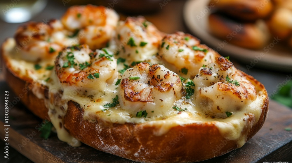 Tostada de pan cubierta con camarones horneados y queso derretido, decorada con perejil fresco. Un aperitivo sabroso y crujiente.