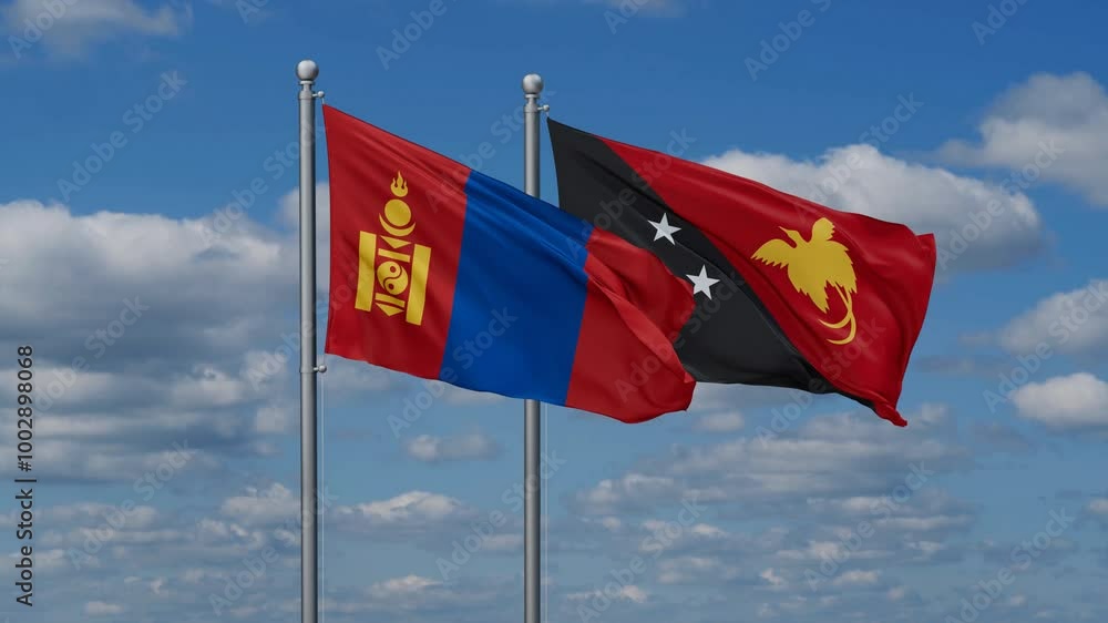 Papua New Guinea and Mongolia flags flying together, video concept of the relationship, two country relations concept Papua New Guinea and Mongolia flags flying together, video concept of the relationship, two country relations concept