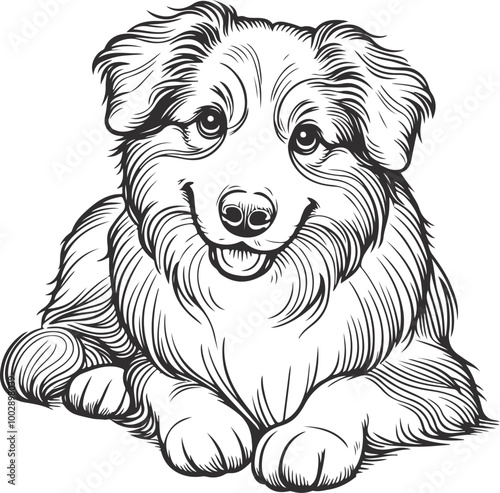 hand-drawn portrait of an Australian Shepherd in engraving style