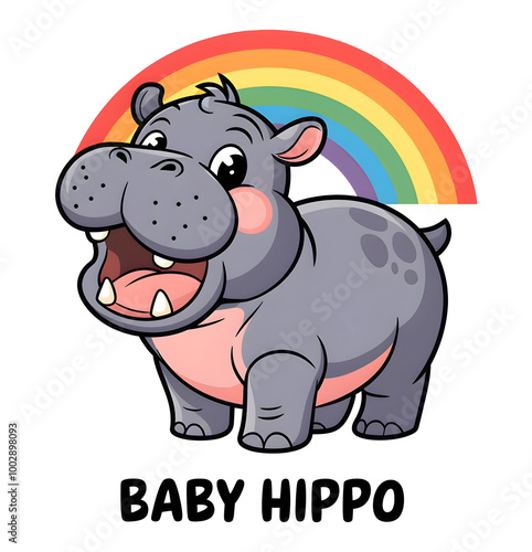 A cute baby grey hippo with a rainbow. photo