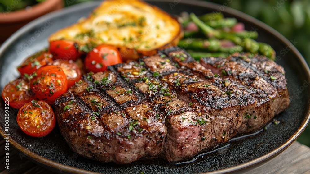 A beautifully grilled steak is plated alongside roasted cherry tomatoes, fresh asparagus, and toasted bread in a serene outdoor setting A beautifully grilled steak is plated alongside roasted cherry tomatoes, fresh asparagus, and toasted bread in a serene outdoor setting
