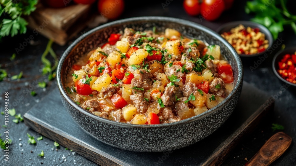 Estofado de carne con papas y verduras, lleno de sabor y color, servido en un cuenco de cerámica. Estofado de carne con papas y verduras, lleno de sabor y color, servido en un cuenco de cerámica.