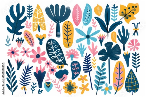 A colorful drawing of various flowers and plants